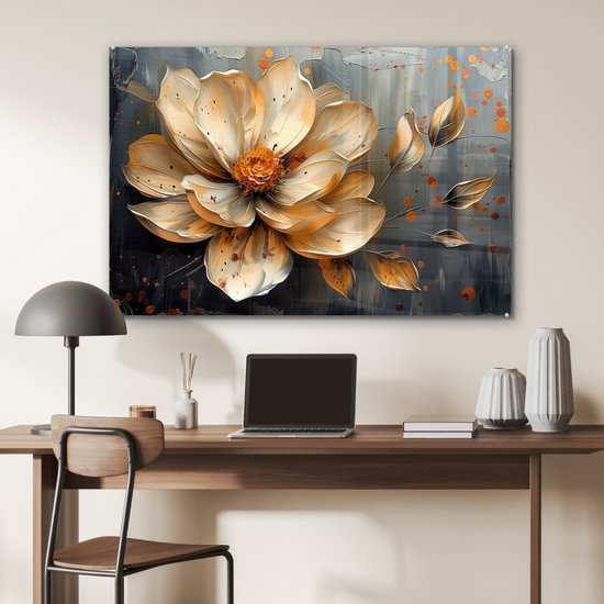 MuchoWow® Peinture sur verre 120x80 cm - Peinture sur verre acrylique - Fleurs - Or - Art - Zwart - Moderne - Photo sur verre - Décoration murale salon - Décoration murale chambre - Peintures