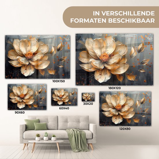 MuchoWow® Peinture sur verre 120x80 cm - Peinture sur verre acrylique - Fleurs - Or - Art - Zwart - Moderne - Photo sur verre - Décoration murale salon - Décoration murale chambre - Peintures