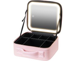 Prestara - Roze Make-up Koffer met Grote Spiegel en LED Verlichting - Waterdicht, Verstelbaar, en Compact - Ideaal voor Meisjes en Dames - Maat S
