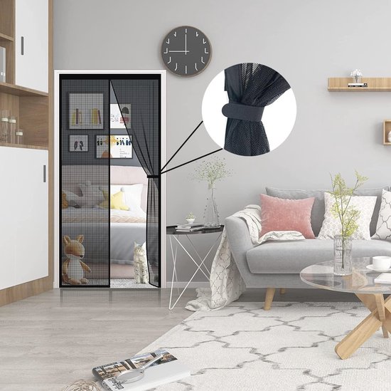 DIKER Magnetische hordeur 90×210cm, Anti Insect Vliegengordijn, Magnetisch Schuifraam, Niet Boren Magnetisch Raamgordijn, Zwart
