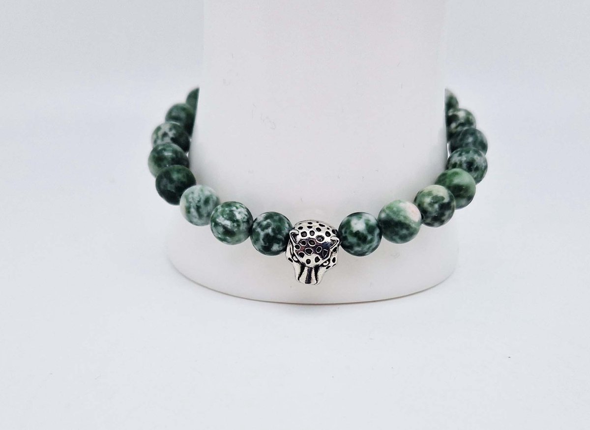 Handgemaakte natuursteen armband met Metalen vorm - Model 15 - "Qinghai hade" -8 mm diameter van de korrel- Diameter armband 20 cm - Een mooi cadeau voor familie en vrienden