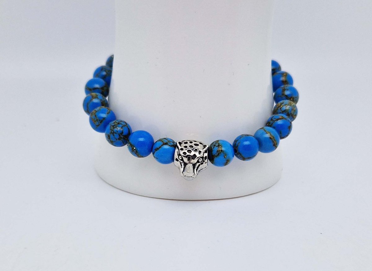Handgemaakte natuursteen armband met Metalen vorm - Model 15 - "Blauw howliet gesponnen goud" -8 mm diameter van de korrel- Diameter armband 20 cm - Een mooi cadeau voor familie en vrienden