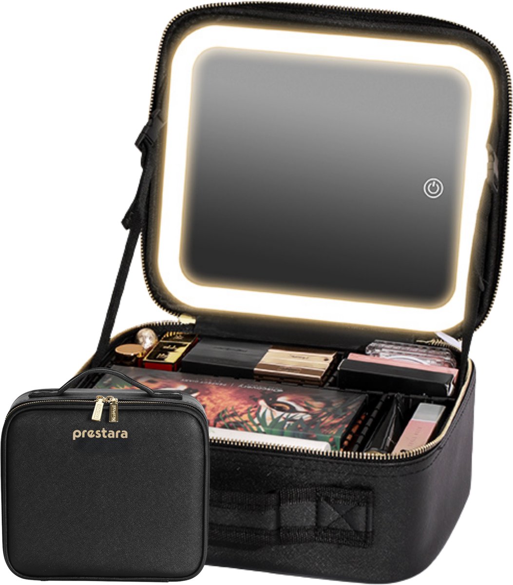 Zwarte Multifunctionele Make-up Tas Koffer met LED Verlichting en Grote Spiegel - Waterdicht, Verstelbaar - Make up organizer - Maat S