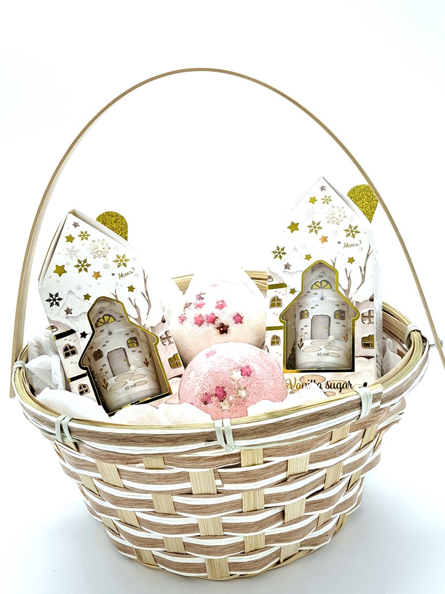 Goedkoopste Luxe Kerstcadeau-Kerstmandje met Bruisballen en Vanilla Sugar Hand crème-Cadeau set voor vrouw, vriendin, moeder-Verwenpakket-Cadeaupakket kerst