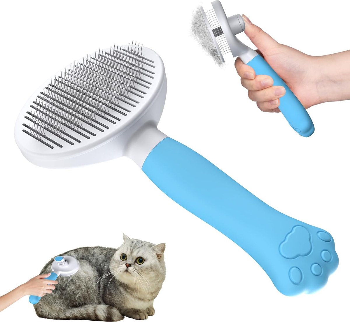 Kattenborstel Hondenborstel [Ergonomisch Handvat & Reiniging met één Klik] Verzorgingsgereedschap voor Kortharige & Langharige Honden/Katten/Konijnen