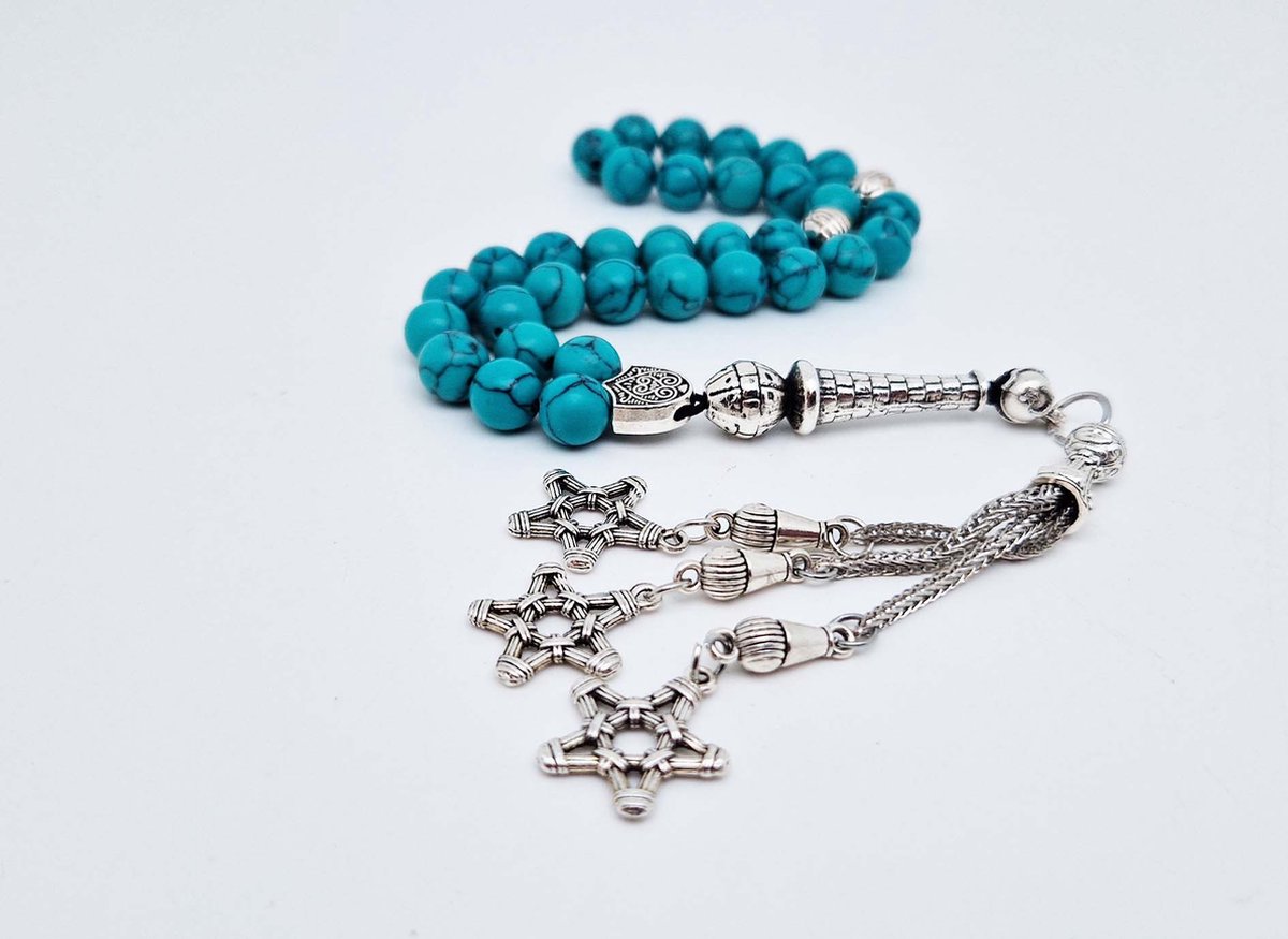 Handgemaakte tesbih "tasbih" natuursteen "Howliet groen" - Aantal kralen 33 - Diameter kralen 8 MM - met metaal tassel "model A18" - Een mooi cadeau-idee