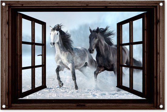Affiche de jardin Paarden - Hiver - Animaux - Nature - Transparent - 90x60 cm - Toile de jardin - Affiche d'extérieur