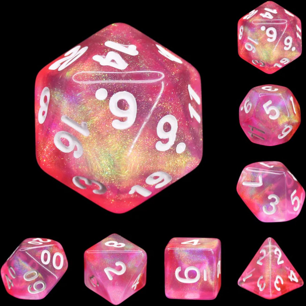 Vera's Arts & Dice | Dobbelstenen Set voor RPGs als Dungeons and Dragons | 7 stuks per set | Pink Nebula | Transparant Roze met een Glanzend Oppervlak en Afgewerkt met Witte Cijfers | Met Dice Bag