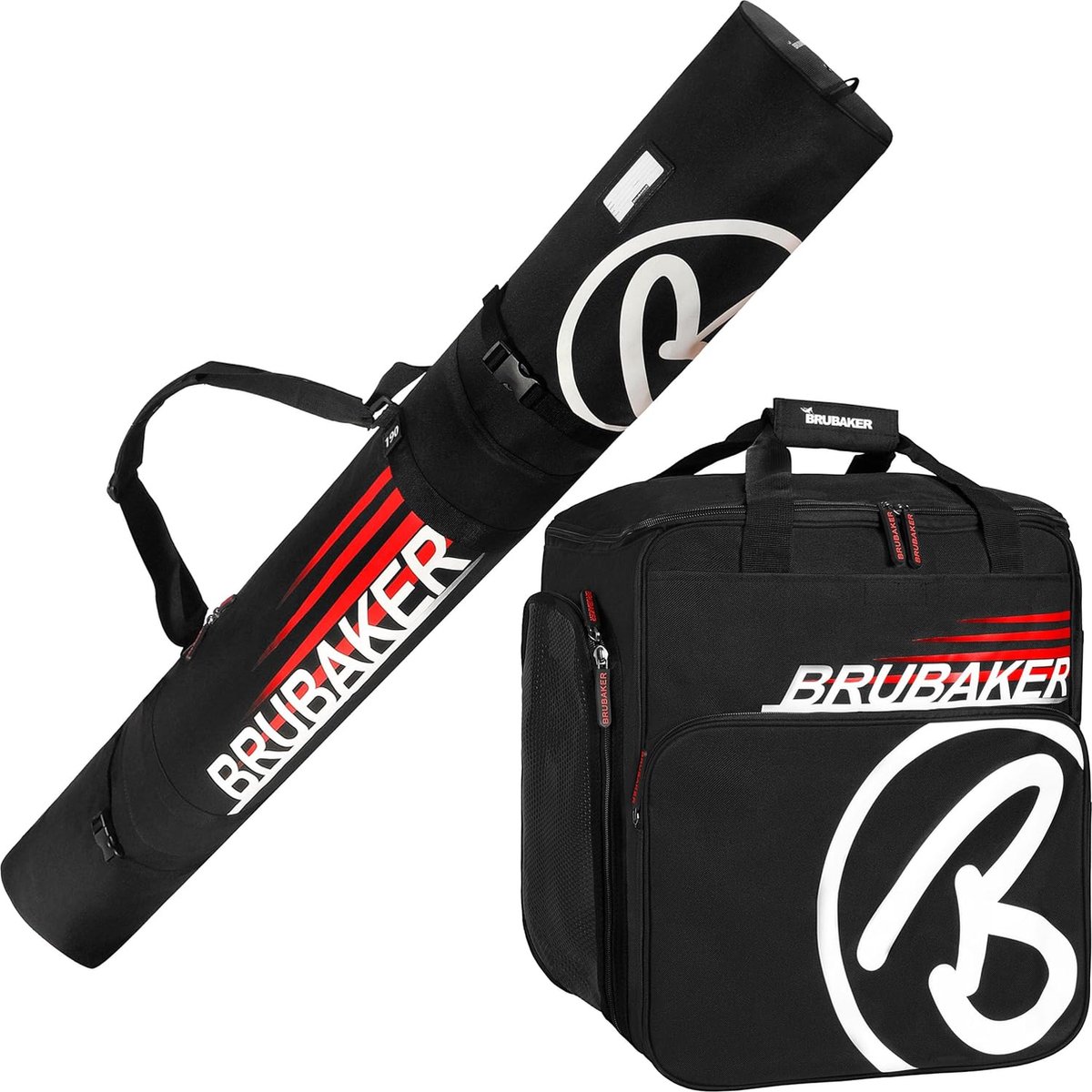 BRUBAKER Combi set Champion skiszak en skischoentas voor 1 paar ski's tot 190 cm + stokken + schoenen + helm zwart rood