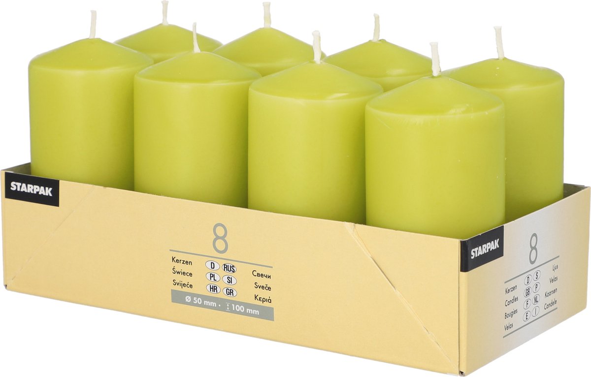 Conpax candles Stompkaarsen/zuilkaarsen set van 8x - lime groen - D5 x H10 cm - 16 branduren