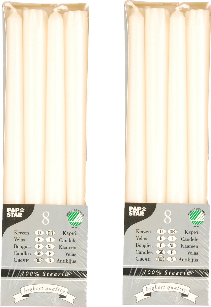 Conpax Candles Dinerkaarsen/kandelaarkaarsen Nordic - 16x stuks - crème wit - 7 branduren - 25 cm Creme