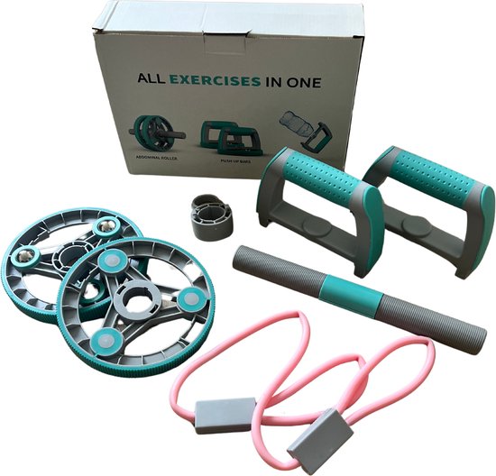 Fitness set: buikspierwiel, duwstangen, handvat en weerstandsband, in doos.