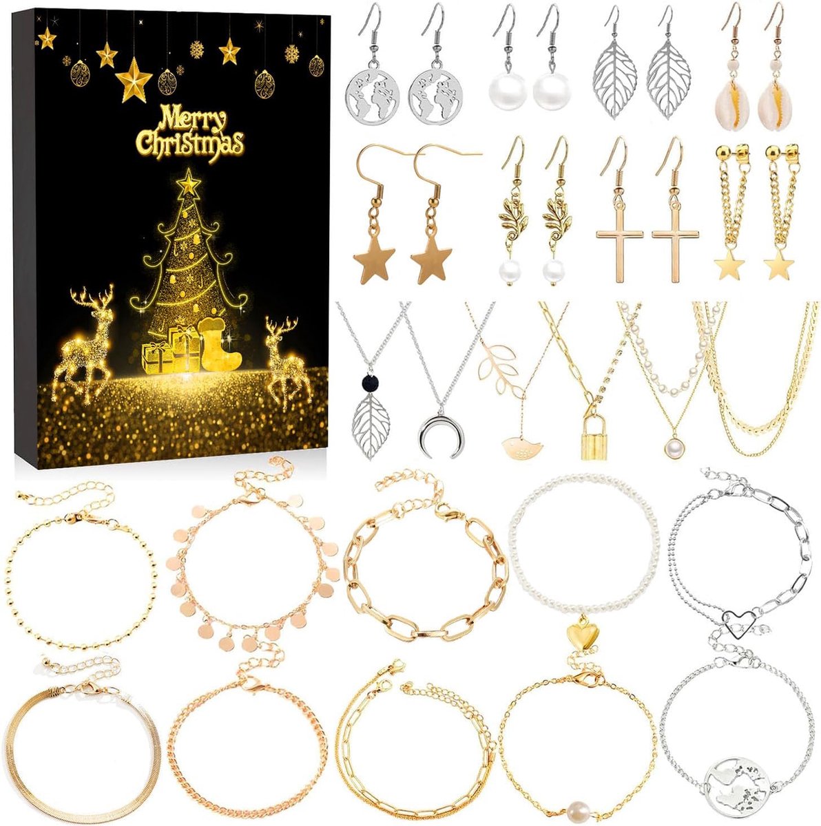 Sieraden Adventskalender - luxe goudkleurig - 6 sieraden en een accessoire - kerst 2022