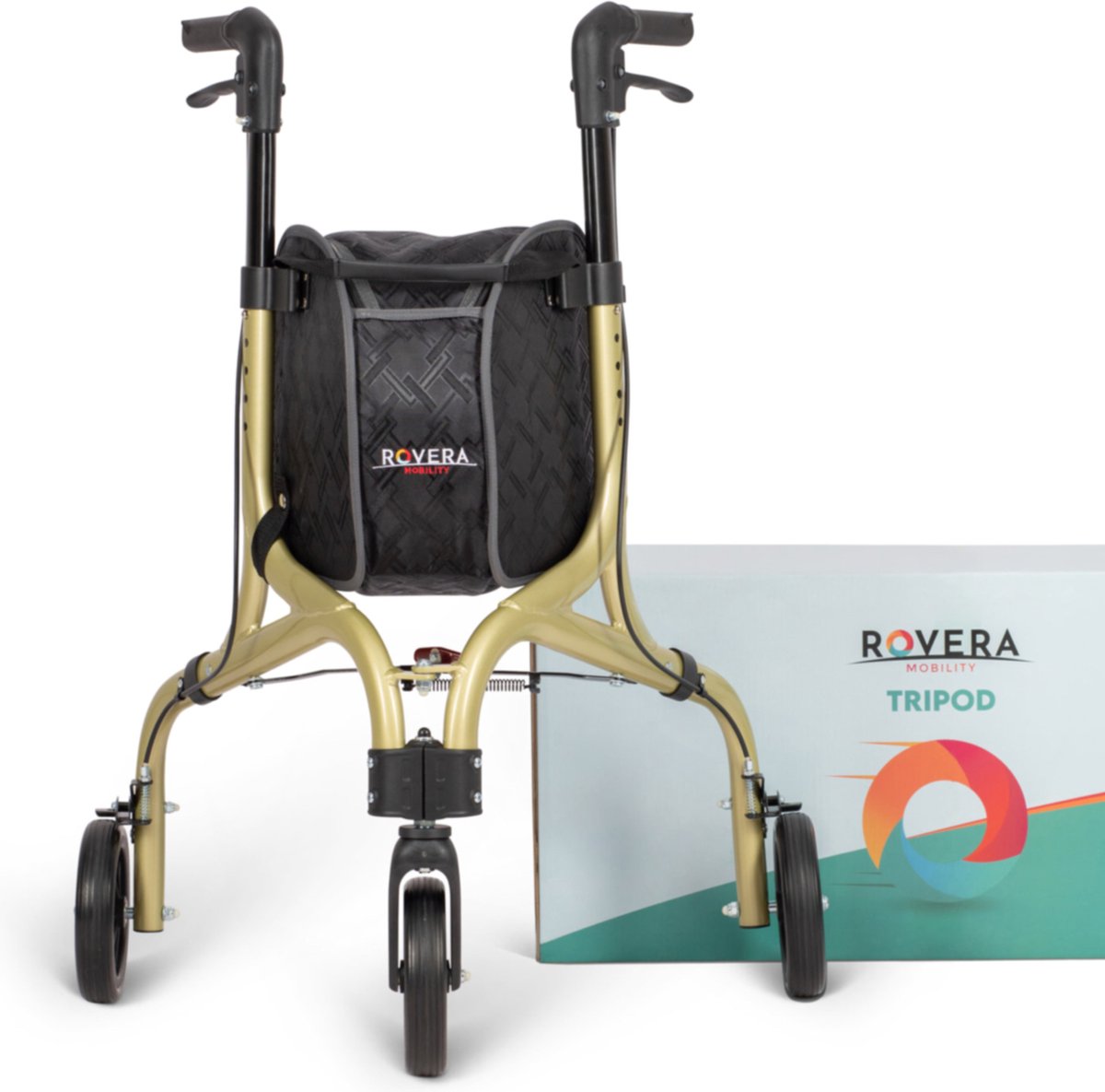 Goedkoopste Rovera Mobility® Tripod Design Binnenrollator Met 3 Wielen – Rollator Ultra Lichtgewicht en Opvouwbaar – Incl. Dienblad en Stijlvolle Rollatortas – Elegant Champagne