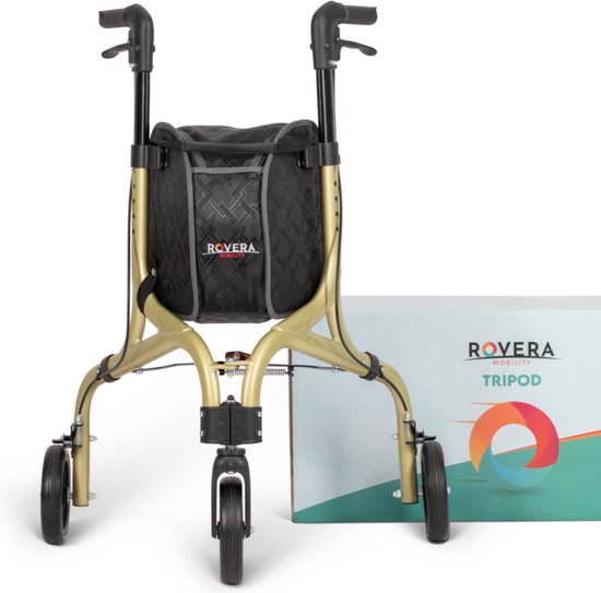 Rovera Mobility® Tripod Design Binnenrollator Met 3 Wielen – Rollator Ultra Lichtgewicht en Opvouwbaar – Incl. Dienblad en Stijlvolle Rollatortas – Elegant Champagne