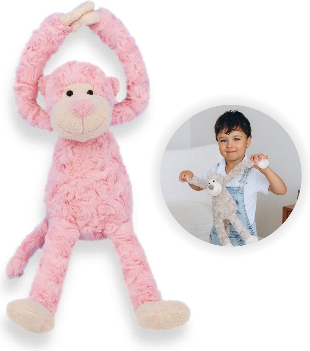 Funnies Slingeraap Roze 45 cm - Zachte Knuffelaap, Knuffel, Knuffeldier - Pluche Speelgoed - Schattige Knuffelvriend voor Baby’s en Peuters - Ideaal als Troost Pop, Knuffelbeest of Cadeau