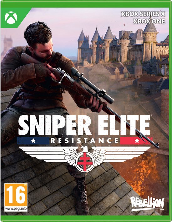 Xbox-gamecover van Sniper Elite: Resistance, met soldaat op dak gericht op kasteel, met PEGI 16-rating.