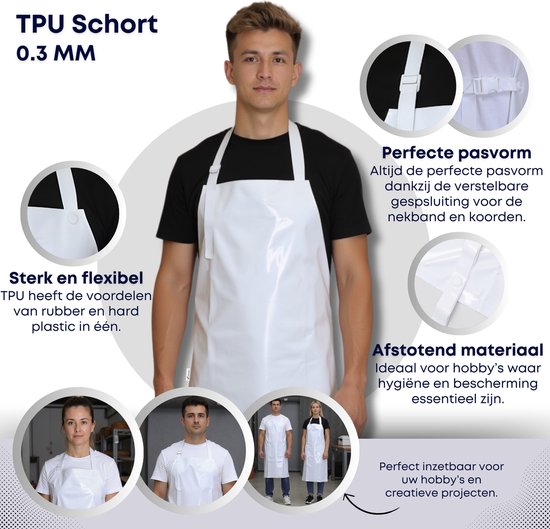 Viamart® - Tablier professionnel en TPU 0,3 mm - Unisexe - Cou et taille réglables - Perfect pour l'agroalimentaire, l'industrie et les loisirs - Imperméable et résistant à l'abrasion - Couleur : Wit