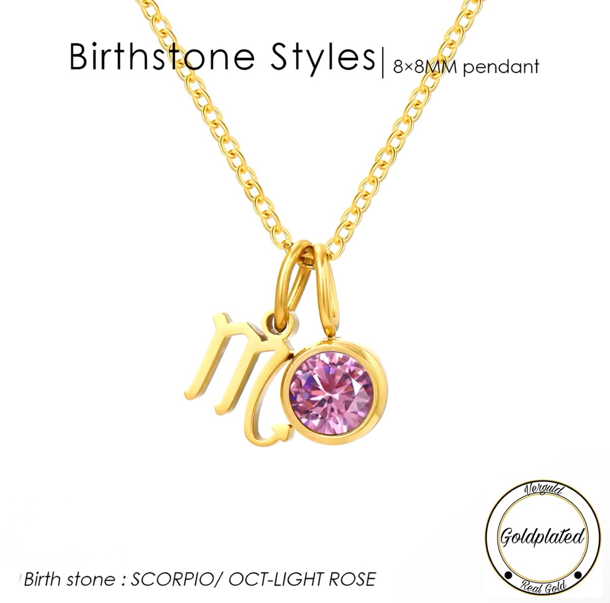 Borasi Birthstone Ketting Oktober | Sterrenbeeld Schorpioen | Goldplated | Lichtroze | Dames Sieraden |