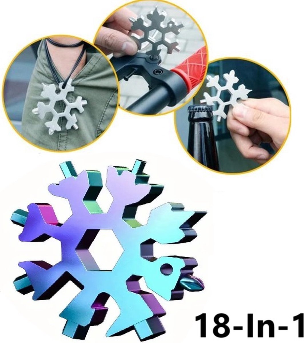 18 in 1 Multipocket Tool I 18 Functies I RVS I Multitool Sleutelhanger I Fietsgereedschap I Sneeuwvlok I Multicolor