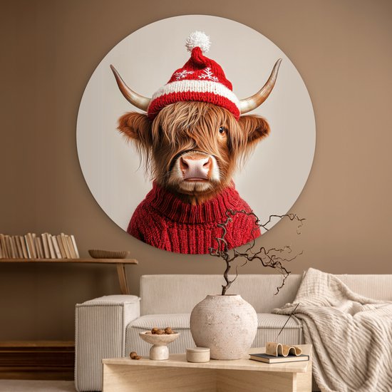 WallCircle® Wandcirkel 150x150 cm - Muurcirkel Schotse Hooglander - Kerst - Muts - Trui - Winter - Muurdecoratie woonkamer - Wanddecoratie slaapkamer - Kamer decoratie accessoires - Ronde schilderijen
