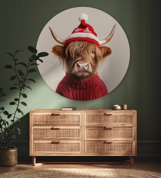 WallCircle® Wandcirkel 150x150 cm - Muurcirkel Schotse Hooglander - Kerst - Muts - Trui - Winter - Muurdecoratie woonkamer - Wanddecoratie slaapkamer - Kamer decoratie accessoires - Ronde schilderijen