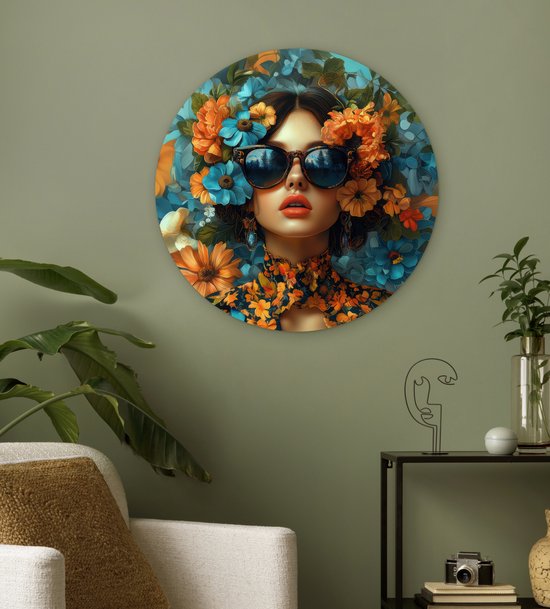WallCircle® Wandcirkel 60x60 cm - Muurcirkel Vrouw - Bloemen - Oranje - Blauw - Modern - Muurdecoratie woonkamer - Wanddecoratie slaapkamer - Kamer decoratie accessoires - Ronde schilderijen