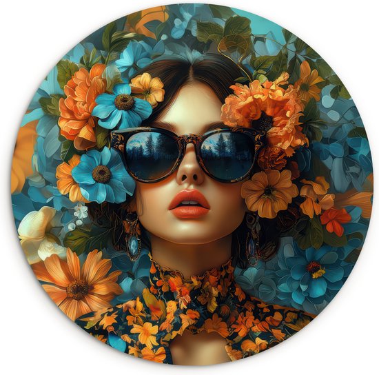 WallCircle - Cercle mural 60x60 - Femme - Fleurs - Oranje - Blauw - Moderne - Tableaux ronds salon - Plaque murale ronde - Cercle de Décoration murale - Décoration de chambre à l'intérieur - Cercle mural de Décoration murale - Accessoires de maison