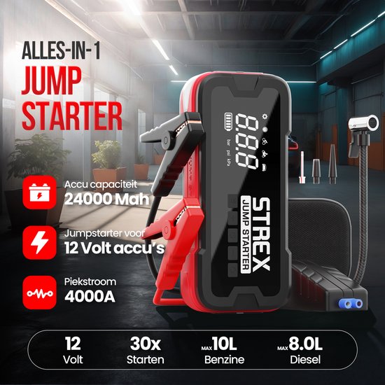 Strex 12V Jumpstarter voor Auto & Motor met Compressor - 4000A / 24.000 mAh - 5-in-1 Starthulp met Compressor, Powerbank, LED Zaklamp en SOS Noodlicht - Jump Starter - Incl. Hardcover