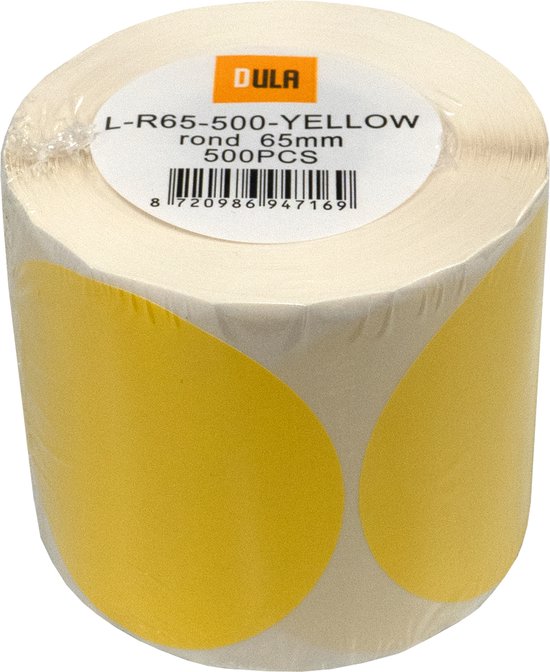 Rouleau de 500 étiquettes rondes jaunes, 65mm, avec étiquette DULA.