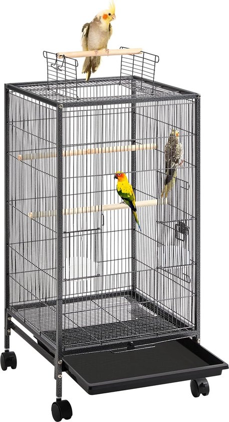 Vogelkooi met open dak, vogelvolière met houten stangen en 360° draaibare wielen, 2 voederbakken en lade, grote ruimte voor vogels, 45,5 x 45,5 x 100,5 cm HMTM-BC-10018-Black