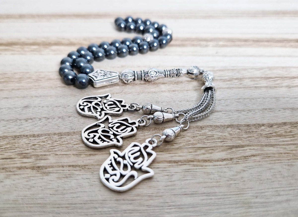 Handgemaakte tesbih "tasbih" natuursteen "Hematiet" - Aantal kralen 33 - Diameter kralen 8 MM - met metaal tassel "model 9" - Een mooi cadeau-idee