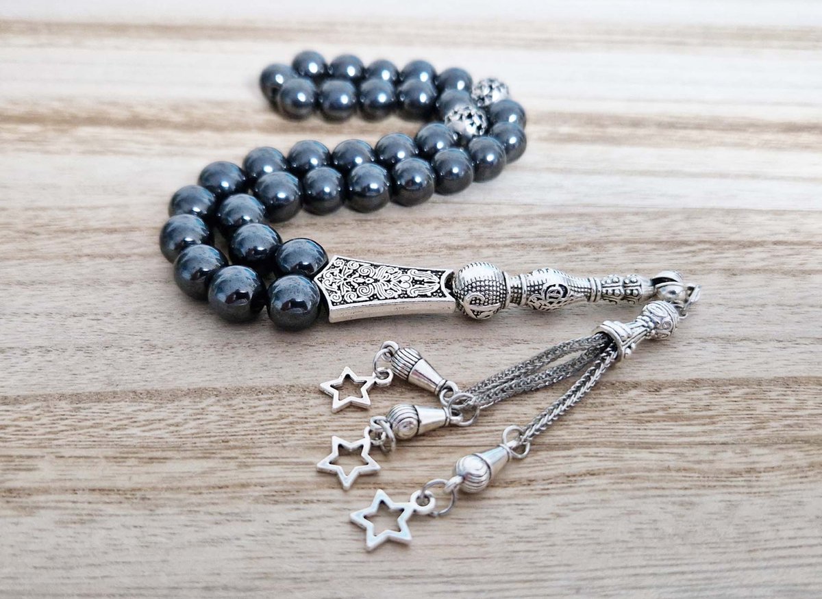 Handgemaakte tesbih "tasbih" natuursteen "Hematiet" - Aantal kralen 33 - Diameter kralen 10 MM - met metaal tassel "model 7" - Een mooi cadeau-idee