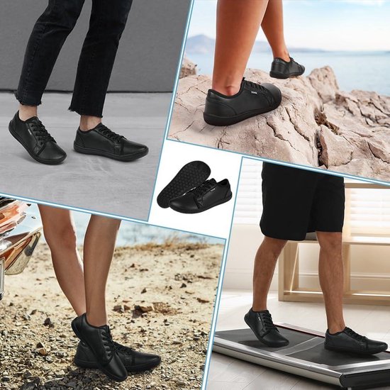 Wide barefoot leather hiking shoes for men - outdoor trail running shoes - lightweight breathable minimalist sneakers - Zero Drop Sole - Black 39.5 EU - Black