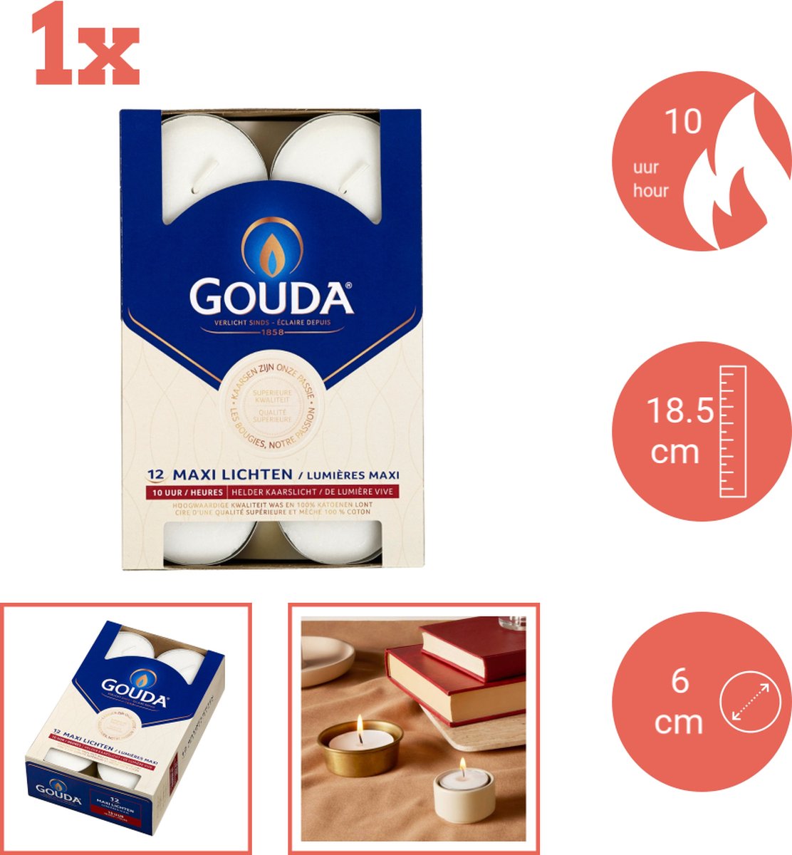 Gouda - Maxi - Theelichten - 12 stuks per verpakking - Doos - Voordeelverpakking - 12 stuks - 1 verpakkingen