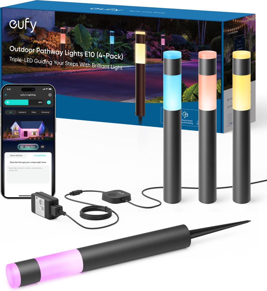 eufy Buitenverlichting Tuinpadverlichting E10 4 pack - Pathway Light - Slimme buitenverlichting met RGBWW LED's - 350 lumen helderheid - IP65 waterdicht - Compatibel met Alexa en Google Assistant