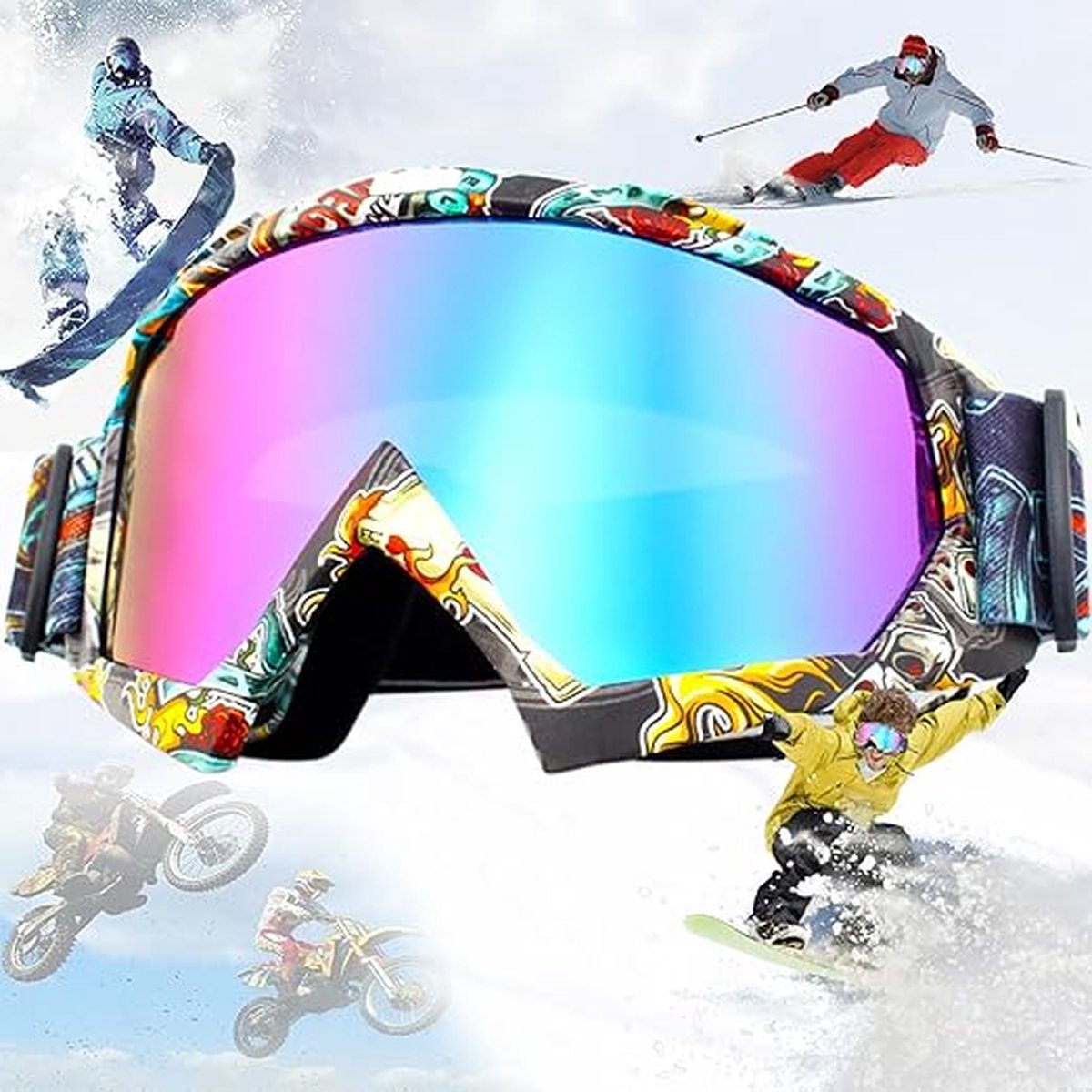 oCreon Skibril voor Dames en Heren - UV-Bescherming - Voor Brildragers - Snowboardbril - Kleurrijk