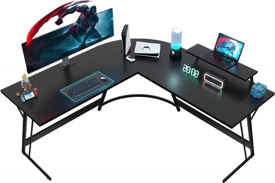 Cubiker Gamingtafel, hoekbureau, 150 x 120 cm, bureau met monitorstandaard en zijdelingse opbergtas, L-vorm, computertafel, koolstofvezel, zwart