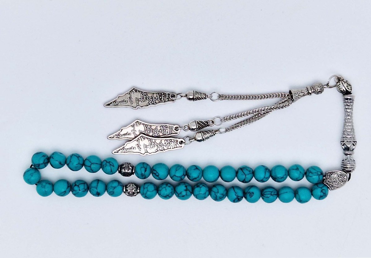 Handgemaakte tesbih klassiek - "Tasbih" natuursteen " Howliet groen" - Aantal kralen 33 - Diameter kralen 8 MM - met metaal tassel "Palestina" - Een mooi cadeau-idee