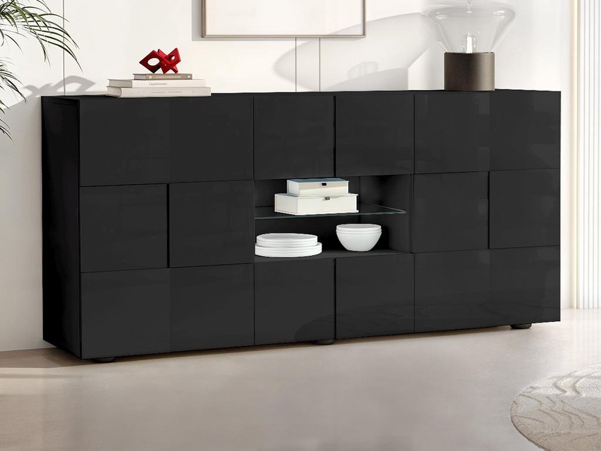 REBECCA - Buffet 2 Portes 2 Tiroirs Finition Blanc Laqué Weiss Relief Damiers Et Leds 93826303