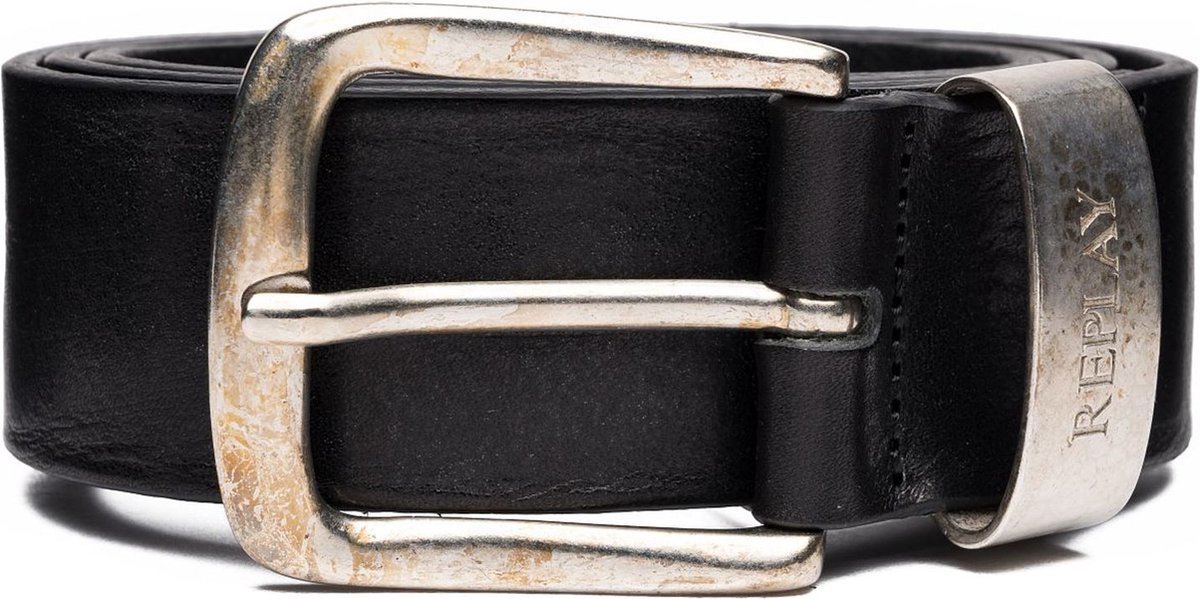 REPLAY Leren Riem Leather Belt W85 Black Zwart