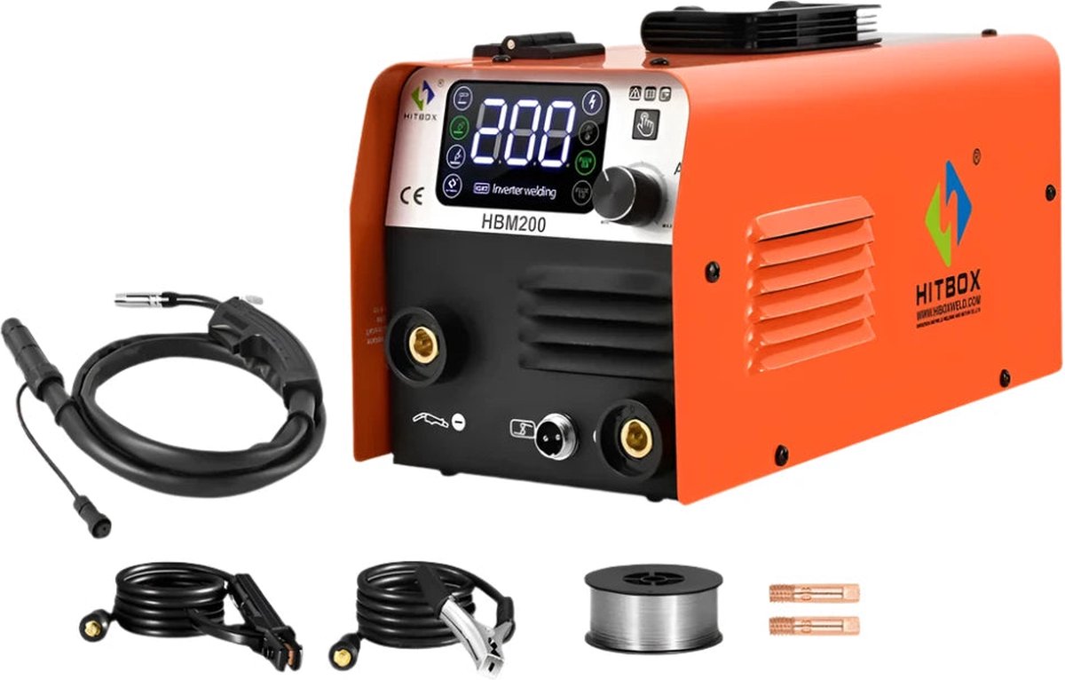 Hitbox - Lasmachine - Elektrische lasmachine - Halfautomatische lasmachine - Non Gas - 3 in 1 - MIG/LIFT TIG/MMA Inverter Welder - Synergy Tool Voor Gasloos Solderen - Oranje