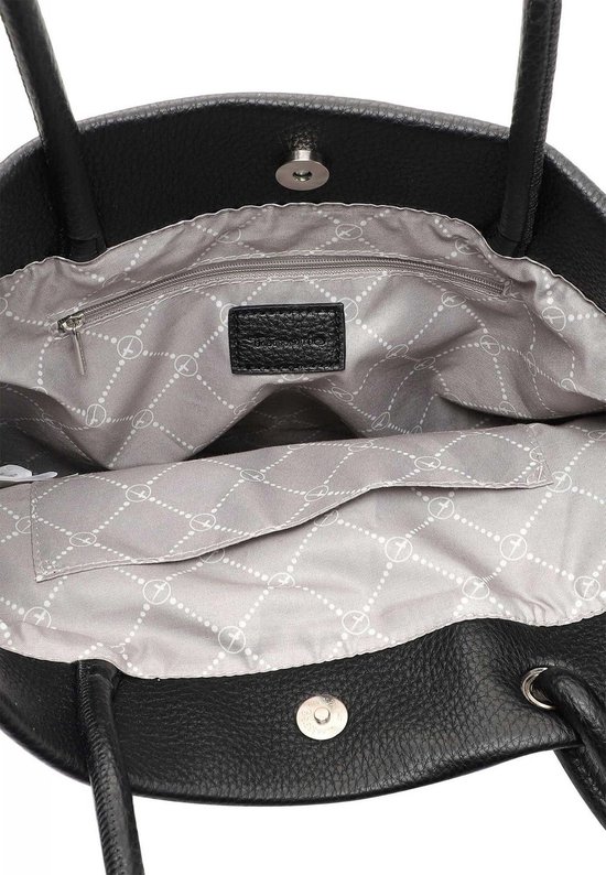 Shopper Tamaris noir ouvert avec une doublure grise ornée du logo Tamaris. Une poche intérieure zippée est visible.