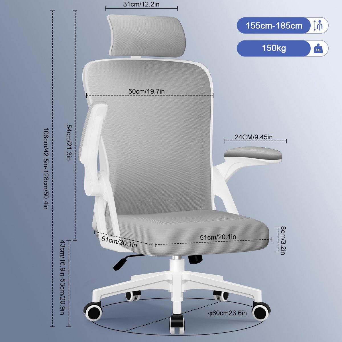 Hiaonyx bureaustoel-ergonomische bureaustoel-bureaustoelen voor volwassenenOpklapbare armleuningen-2D lendensteun-Maximale kanteling 135°-Grijs thumbnail 6