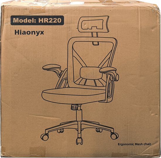 Verpakking van de Hiaonyx ergonomische bureaustoel, model HR220, met een schets van de stoel.