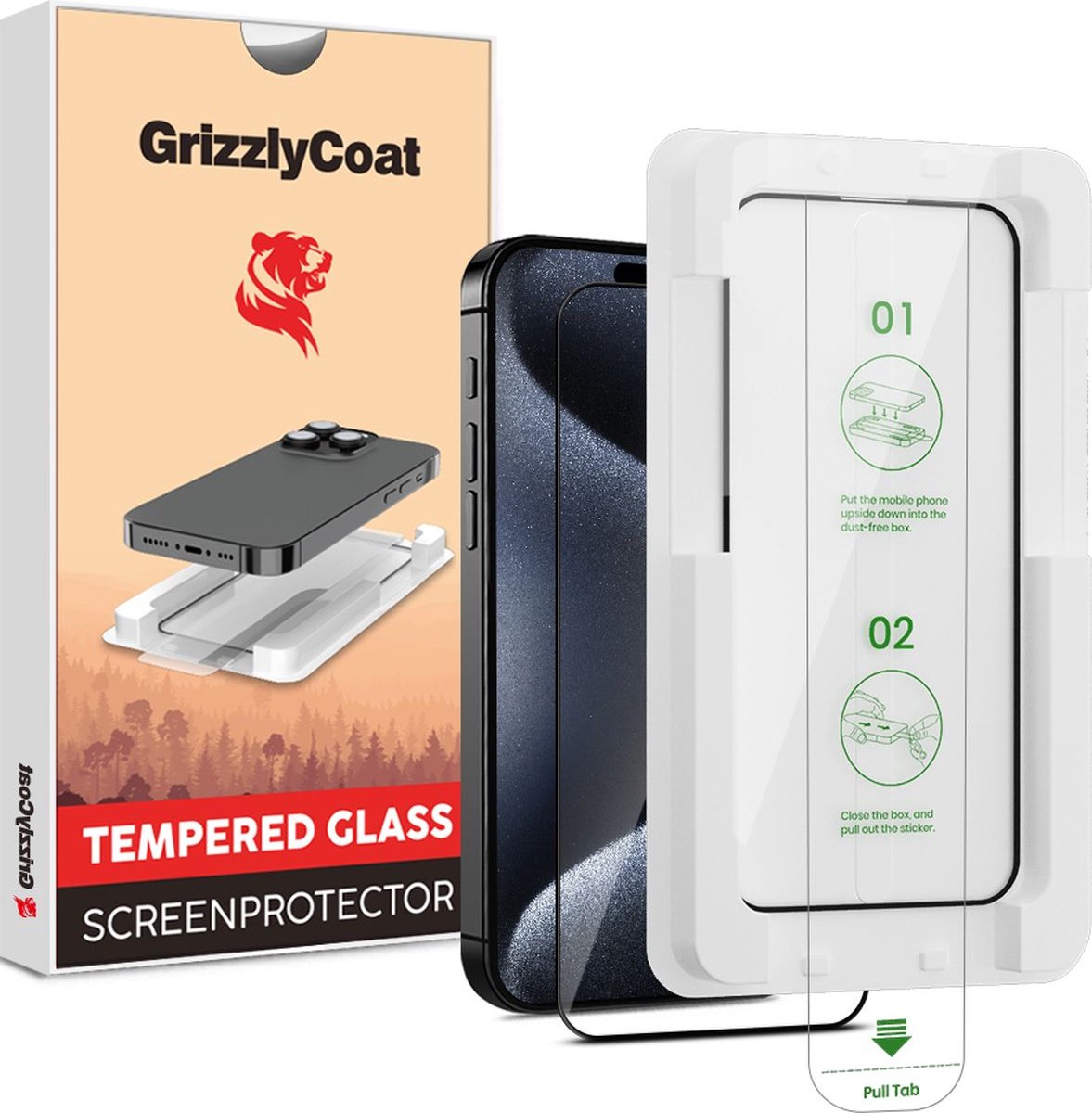 GrizzlyCoat Screenprotector geschikt voor Apple iPhone 15 Glazen | GrizzlyCoat AlignPro Screenprotector - Case Friendly + Installatie Frame - Zwart