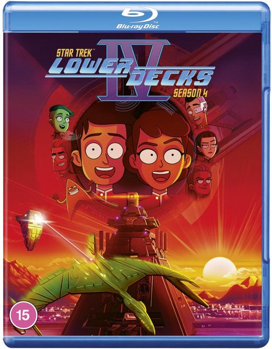 Star Trek Lower Decks Seizoen 4 Blu-ray hoes: rood, cartoonpersonages, ruimteschip, ondergaande zon.