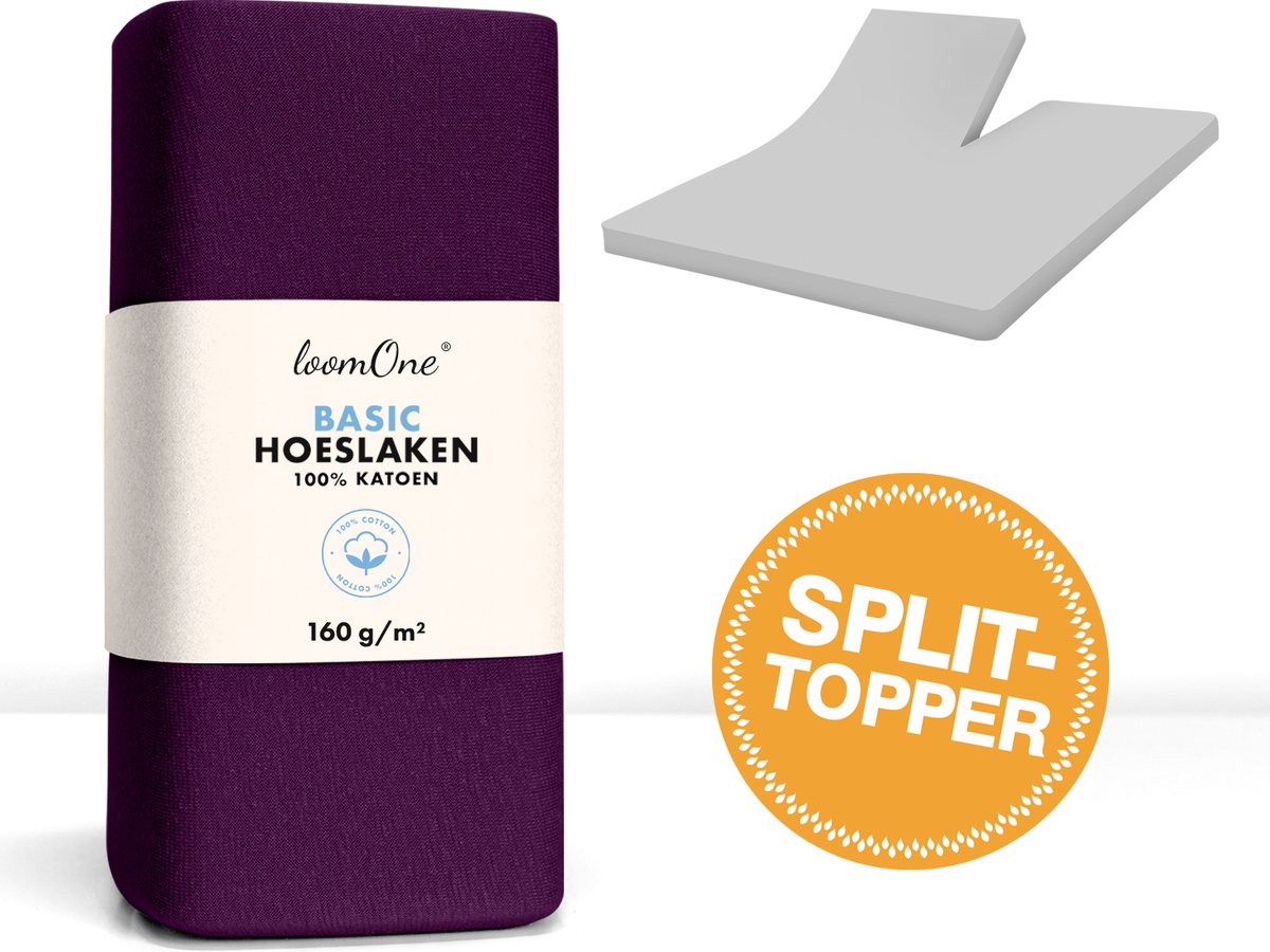 Loom One Hoeslaken Splittopper – 100% Jersey Katoen – 180x200 cm – tot 12cm matrasdikte– 160 g/m² – Paars