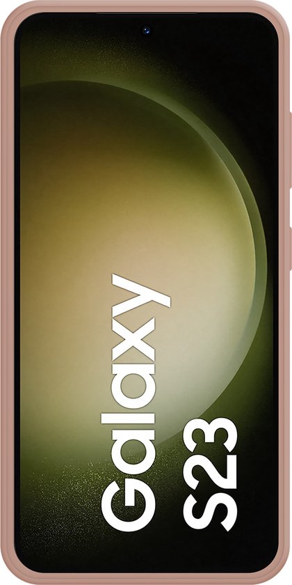 Roze telefoonhoesje om een Samsung Galaxy S23 met "Galaxy S23" op het scherm.