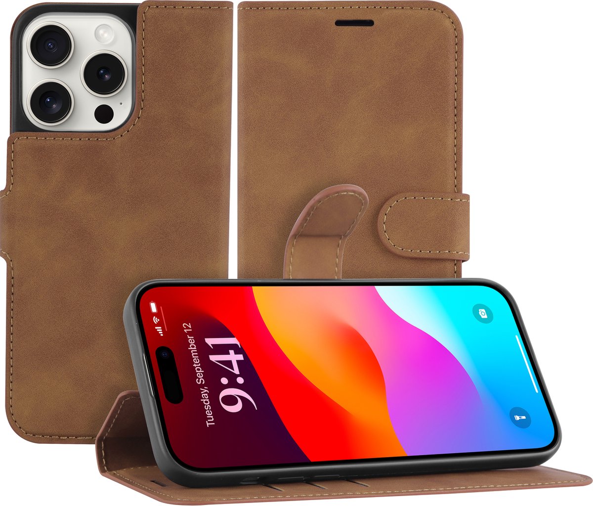 Cazy hoesje geschikt voor iPhone 15 Pro Hoesje met Pasjeshouder - Premium Bookcase - Bruin
